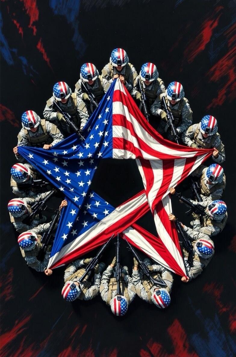 Soldiers forming a circle around a stylized American flag star.