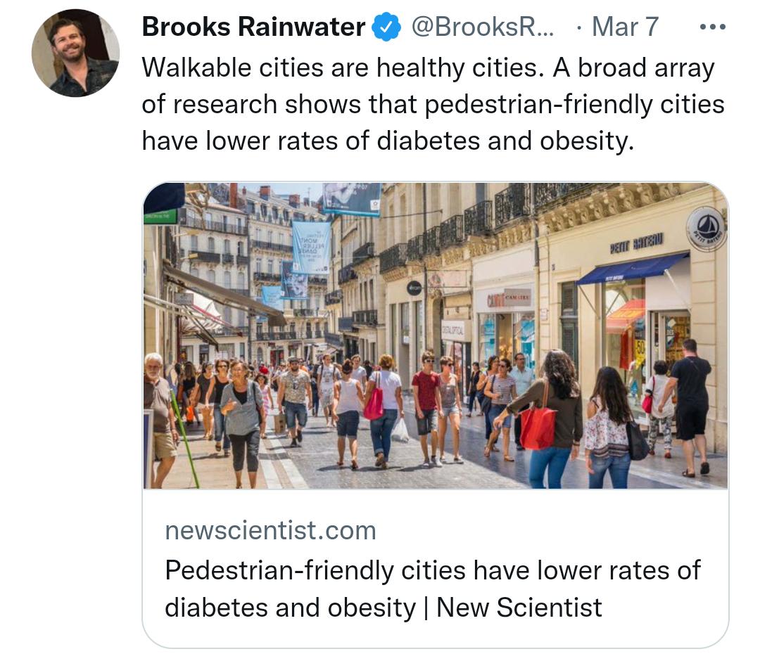 Brooks Rainwater BrooksR Mar7 Walkable cities are healthy cities A broad array of research shows that pedestrian friendly cities have lower rates of diabetes and obesity newscientistcom Pedestrian friendly cities have lower rates of diabetes and obesity New Scientist