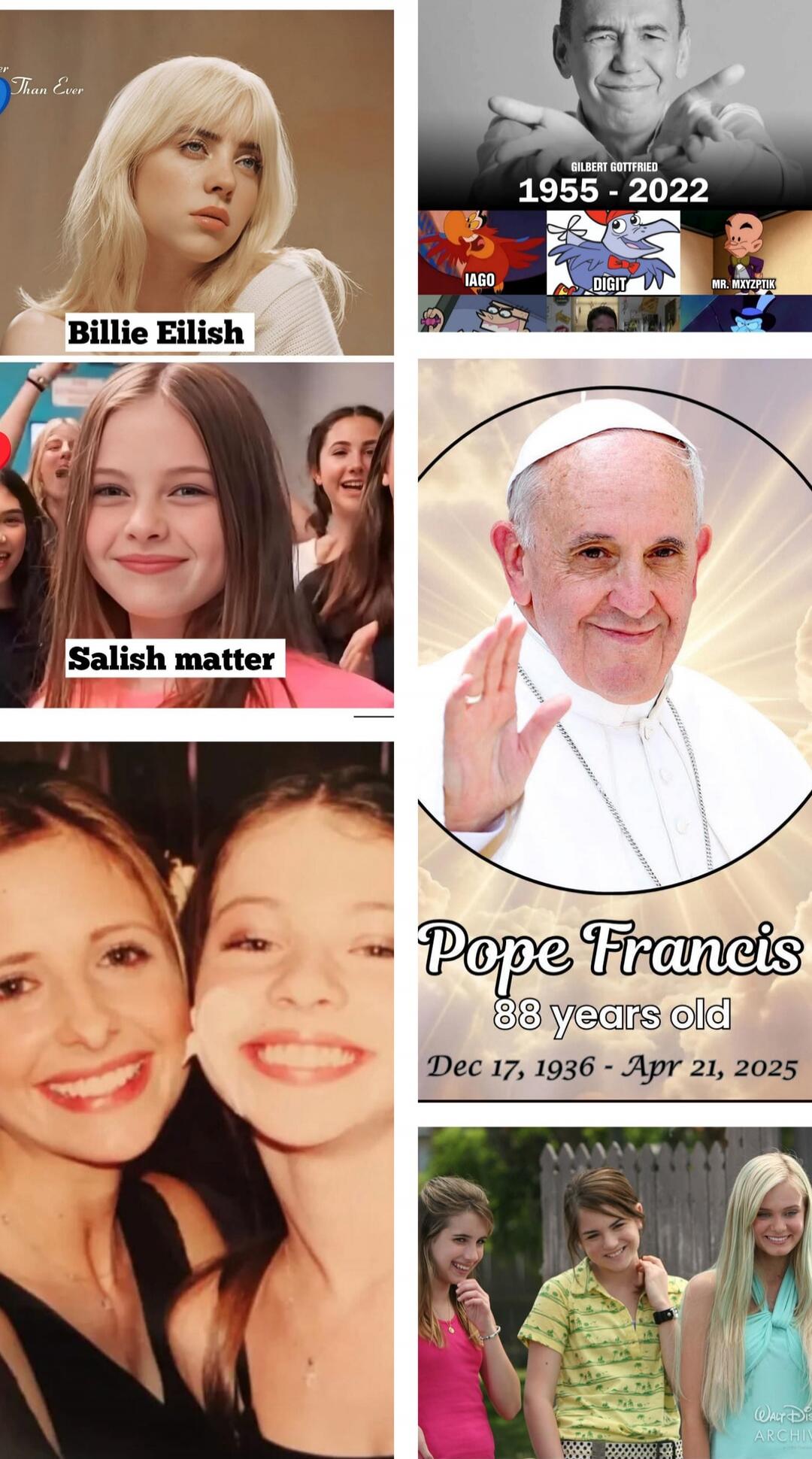 Billie Eilish\nSalish matter\nPope Francis 88 years old\nDec 17, 1936 - Apr 21, 2025\nGilbert Gottfried 1955 - 2022