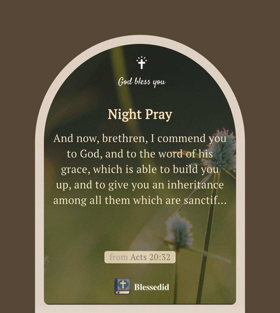 God bless you. Night Prayer. And now, brethren, I commend you to God, and to the word of his grace, which is able to build you up, and to give you an inheritance among all them which are sanctified. from Acts 20:32. Blessedid.