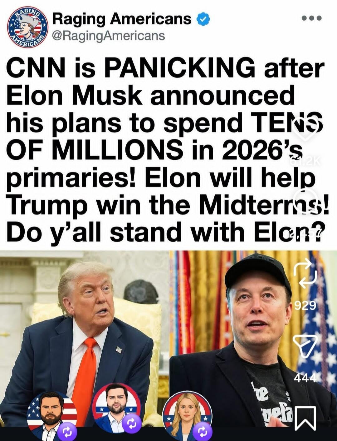 Raging Americans @RagingAmericans CNN is PANICKING after Elon Musk announced his plans to spend TENS OF MILLIONS in 2026's primaries! Elon will help Trump win the Midterms! Do y'all stand with Elon?