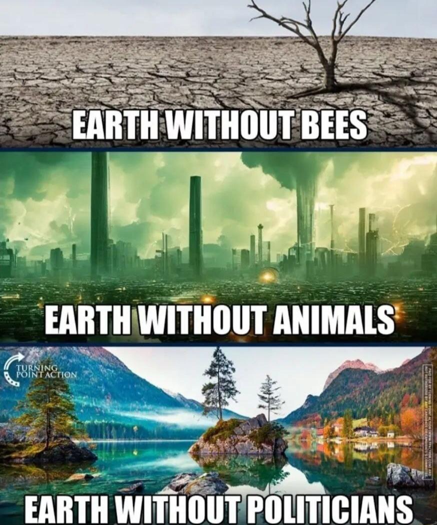 EARTH WITHOUT BEES
EARTH WITHOUT ANIMALS
EARTH WITHOUT POLITICIANS