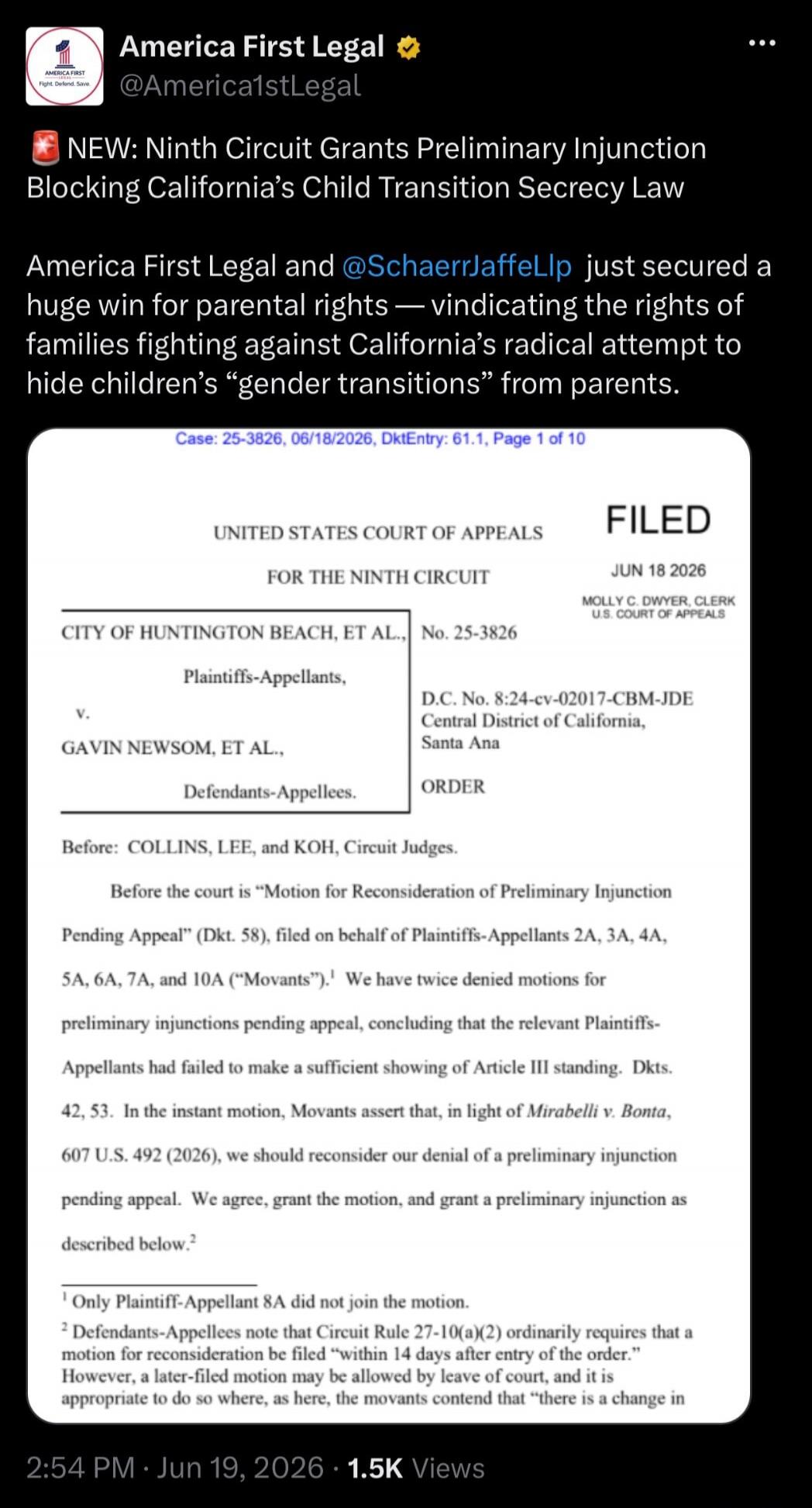 America First Legal @America1stLegal NEW: Ninth Circuit Grants Preliminary Injunction Blocking California's Child Transition Secrecy Law. America First Legal and @SchaerrJaffeLlp just secured a huge win for parental rights — vindicating the rights of families fighting against California's radical attempt to hide children's 