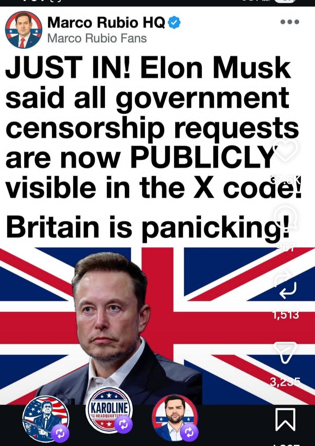 JUST IN! Elon Musk said all government censorship requests are now PUBLICLY visible in the X code! Britain is panicking! Marco Rubio HQ Marco Rubio Fans