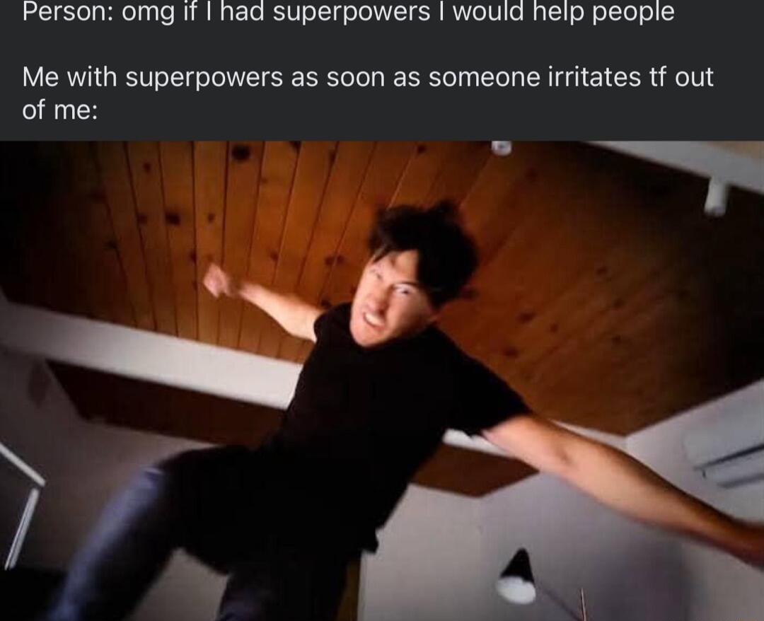 Person omg it had superpowers would help people Me with superpowers as soon as someone irritates tf out of me 1 l 0