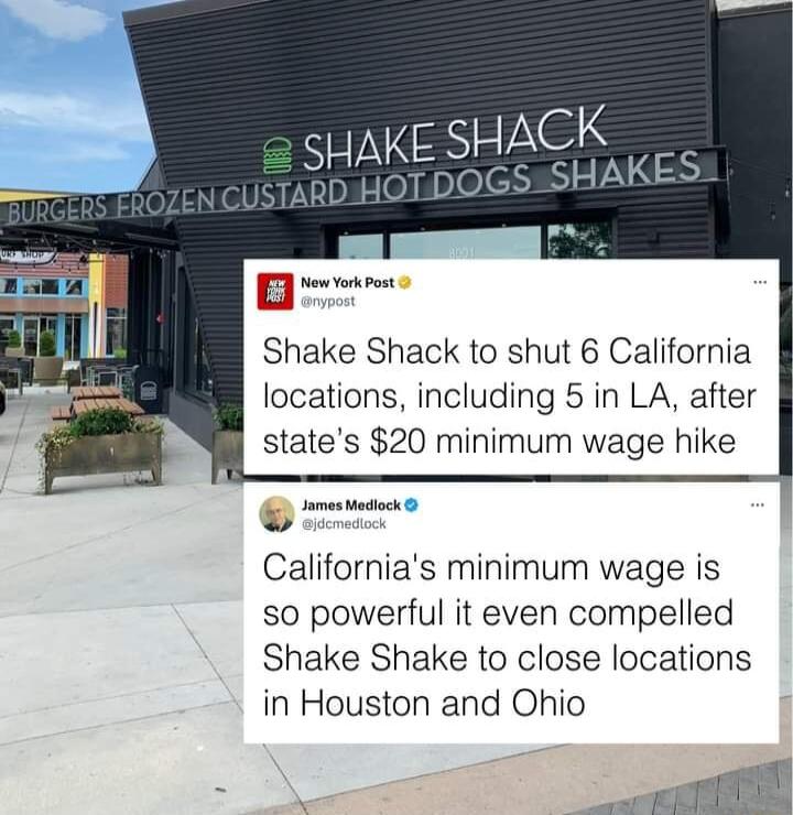 Shake Shack to shut 6 California locations including 5 in LA after states 20 minimum wage hike Californias minimum wage is so powerful it even compelled Shake Shake to close locations in Houston and Ohio