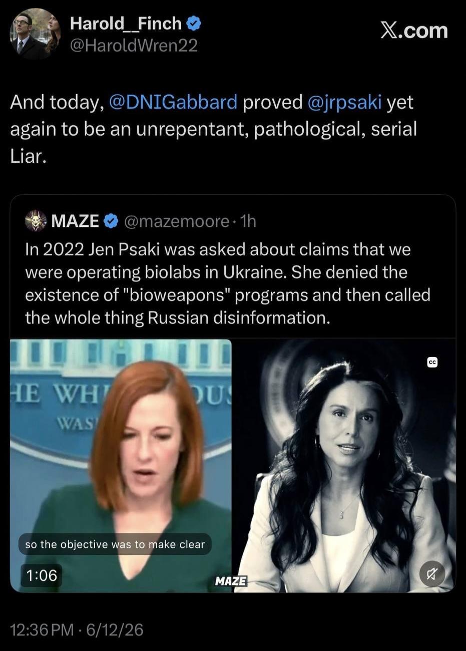 And today, @DNIGabbard proved @jrpsaki yet again to be an unrepentant, pathological, serial Liar. In 2022 Jen Psaki was asked about claims that we were operating biolabs in Ukraine. She denied the existence of 