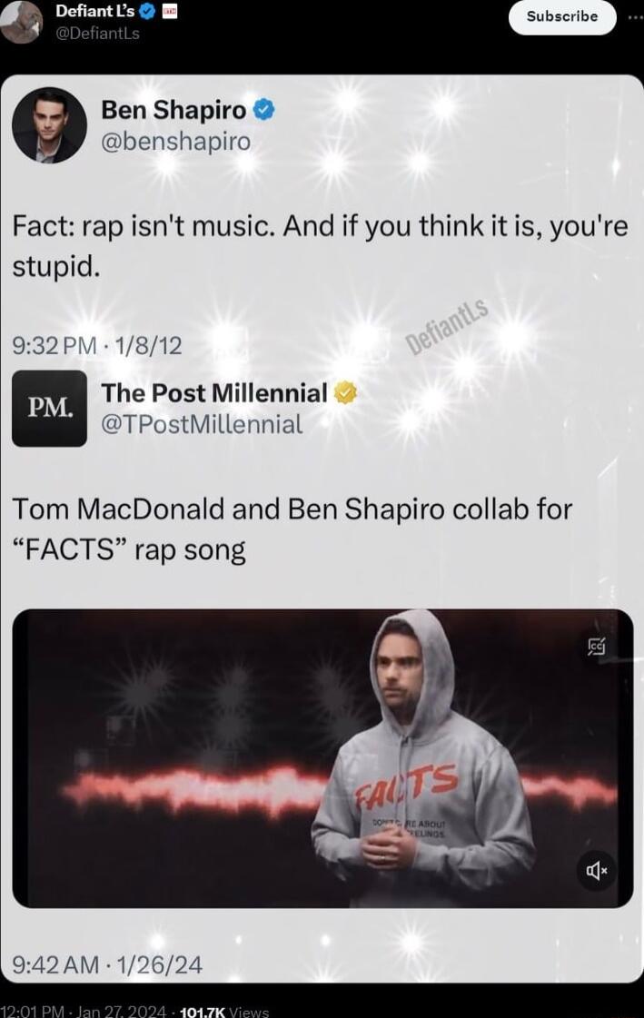 Ben Shapiro benshapiro Fact rap isnt music And if you think it is youre stupid 932PM 1812 The Post Millennial TPostMillennial Tom MacDonald and Ben Shapiro collab for FACTS rap song