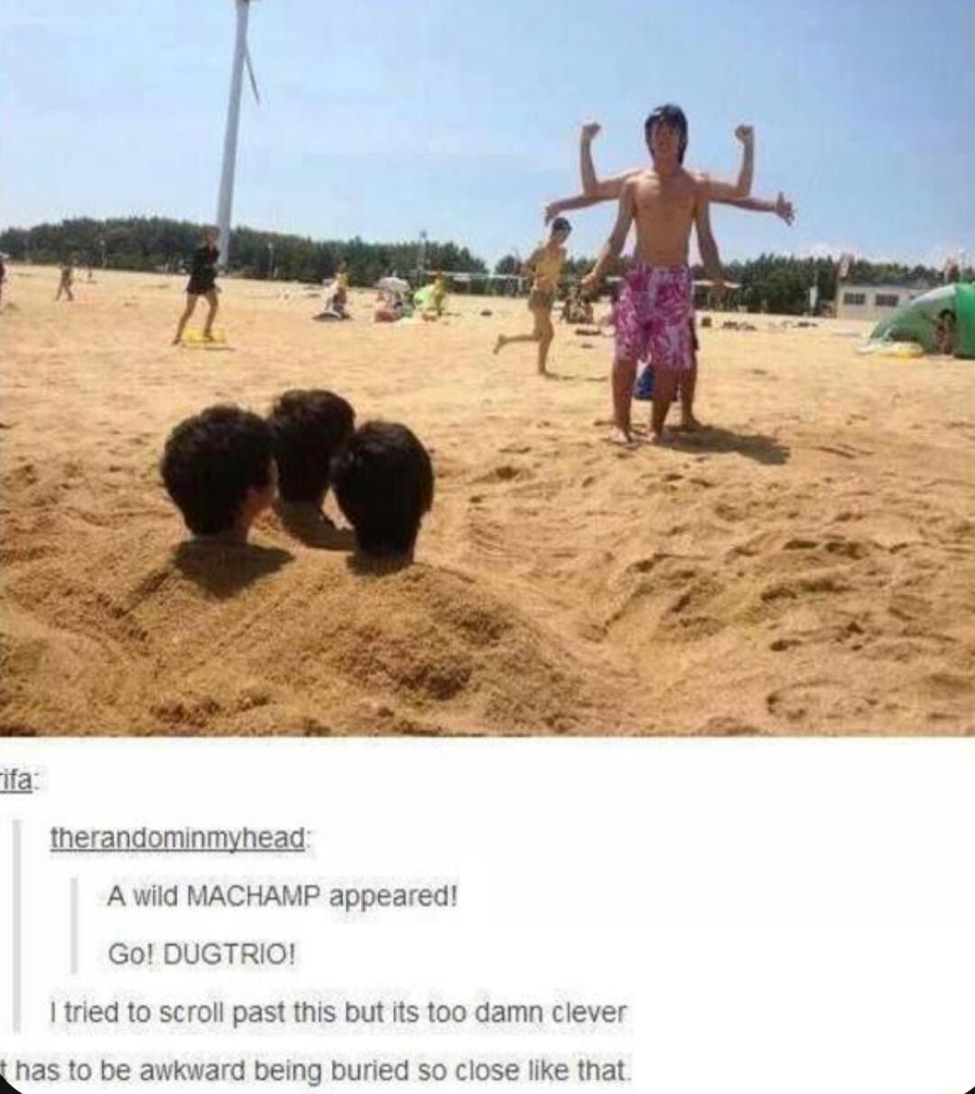 therandominmyhead A wild MACHAMP appeared Go DUGTRIO I ried to scroll past this but s 100 damn clever has 10 be awkward being buried so close like that