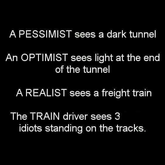 A PESSIMIST sees a dark tunnel An OPTIMIST sees light at the end of the tunnel A REALIST sees a freight train The TRAIN driver sees 3 idiots standing on the tracks