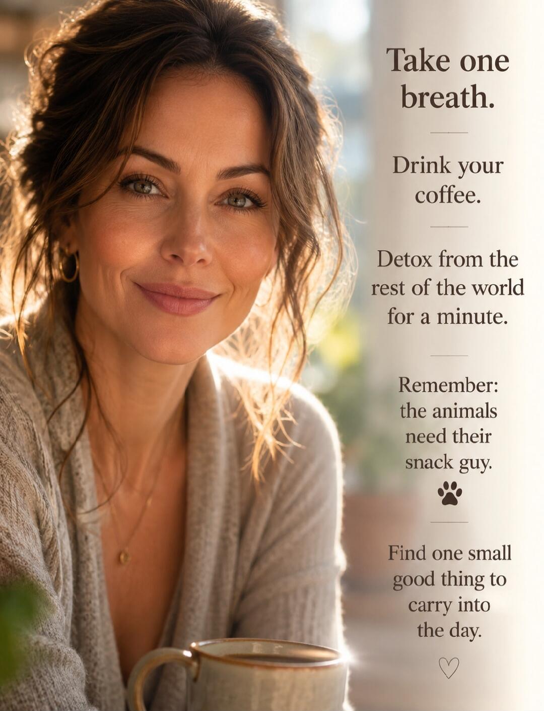 Take one breath. Drink your coffee. Detox from the rest of the world for a minute. Remember: the animals need their snack guy. Find one small good thing to carry into the day.