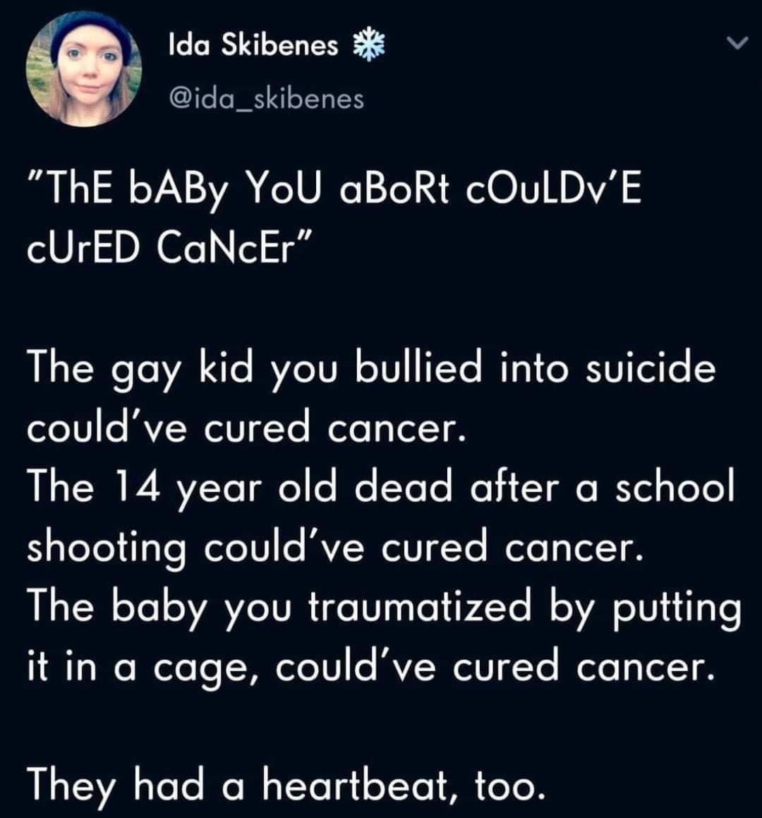 A o Skibenes v ida_skibenes ML VIV e WG T S O V HD VA cUrED CaNcEr The gay kid you bullied into suicide couldve cured cancer L T IR P BY2 Ye Tate o e YoTe I i Y BYelpToTe shooting couldve cured cancer RN Yol SVAVZCIVIR Lo T3 Lo P2Ys M oA o8 1Iale it in a cage couldve cured cancer They had a heartbeat too