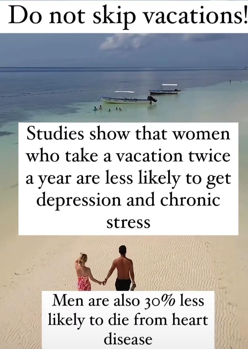 Do not skip vacations Studies show that women who take a vacation twice ayear are less likely to get depression and chronic stress Men are also 30 less likely to die from heart disease