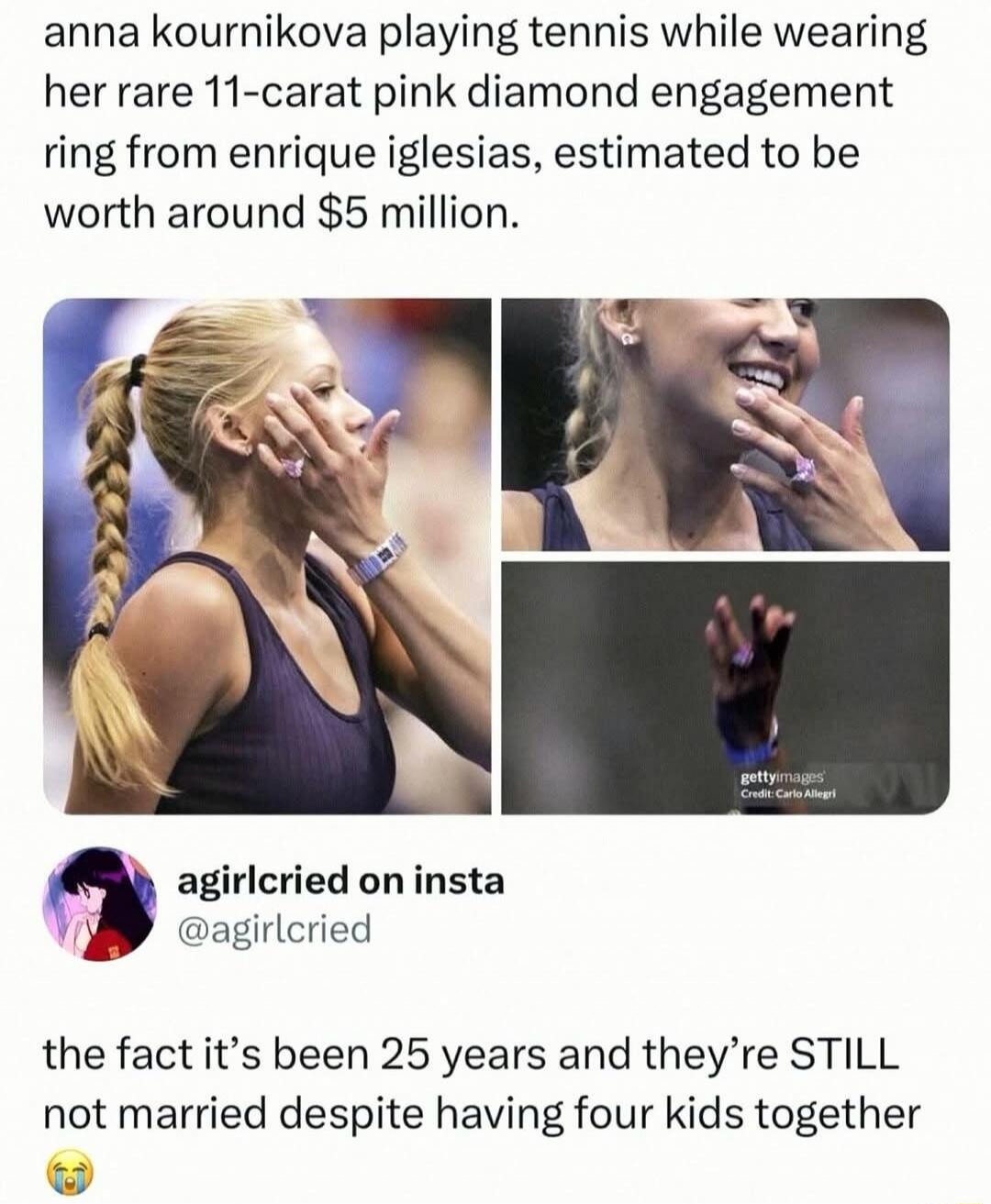 Anna Kournikova playing tennis while wearing her rare 11-carat pink diamond engagement ring from Enrique Iglesias, estimated to be worth around $5 million. agiricried on insta @agiricried the fact it's been 25 years and they're STILL not married despite having four kids together 😭