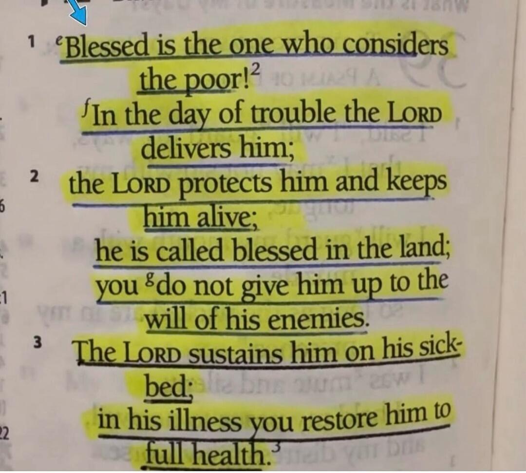 Blessed is the one who considers the poor! In the day of trouble the LORD delivers him; the LORD protects him and keeps him alive; he is called blessed in the land; you do not give him up to the will of his enemies. The LORD sustains him on his sick-bed; in his illness you restore him to full health.