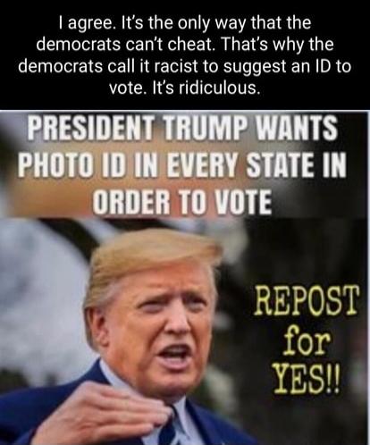 I agree. It's the only way that the democrats can't cheat. That's why the democrats call it racist to suggest an ID to vote. It's ridiculous. PRESIDENT TRUMP WANTS PHOTO ID IN EVERY STATE IN ORDER TO VOTE. REPOST for YES!!