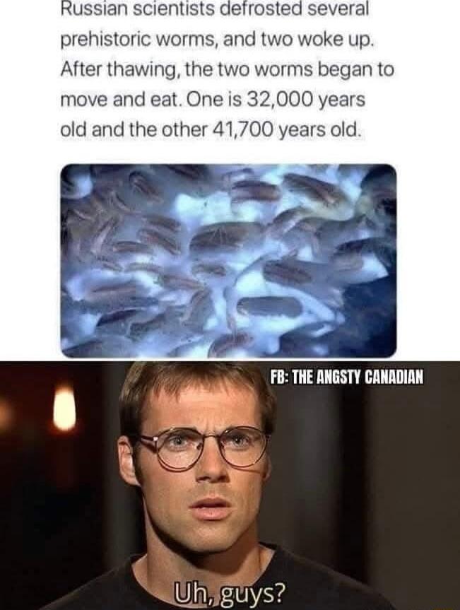 Russian scientists defrost prehistoric worms and two woke up After thawing the two worms began to move and eat One is 32000 years old and the other 41700 years old FB THE ANGSTY CANADIAN