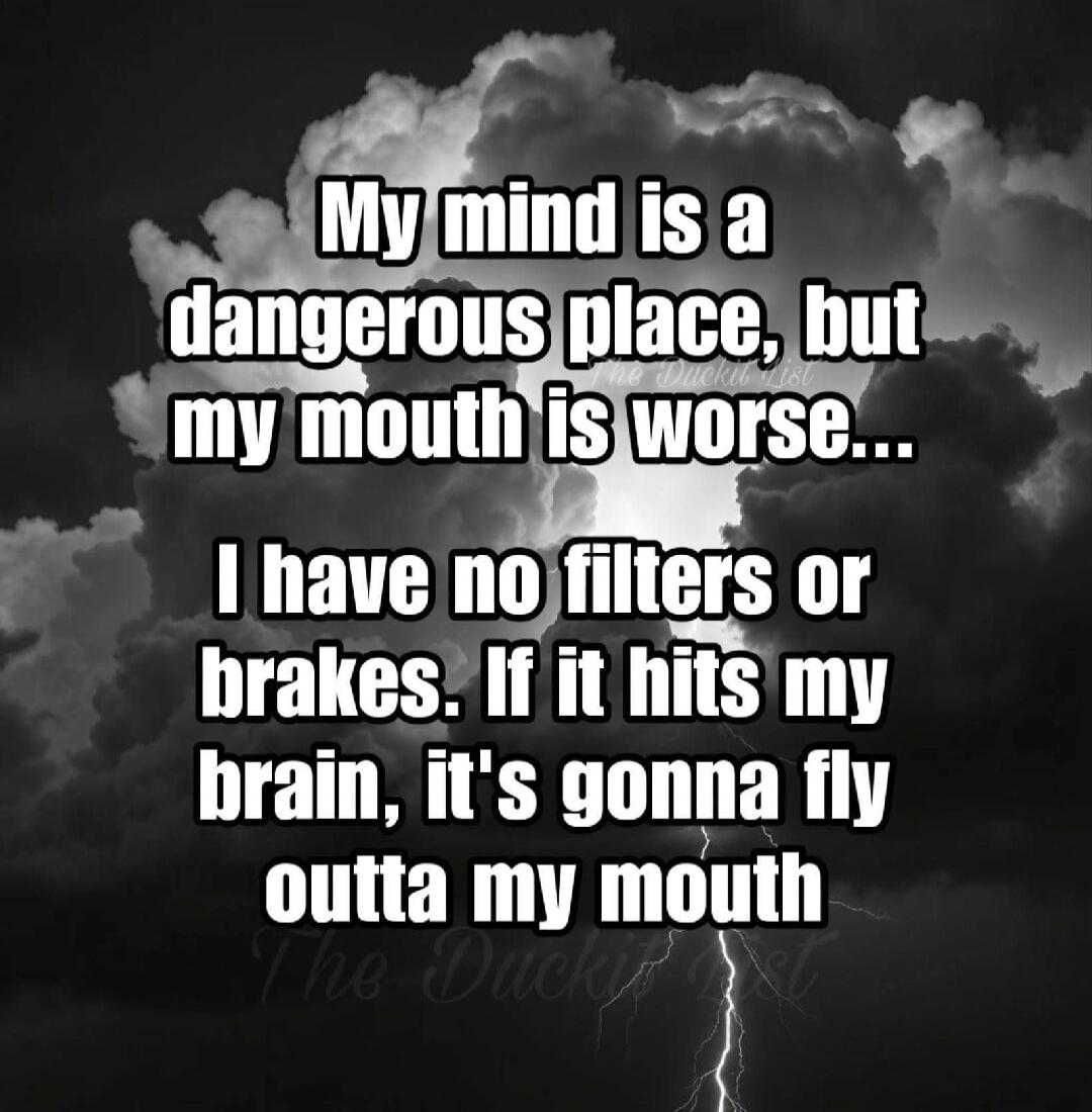 My mind is a dangerous place, but my mouth is worse... I have no filters or brakes. If it hits my brain, it's gonna fly outta my mouth