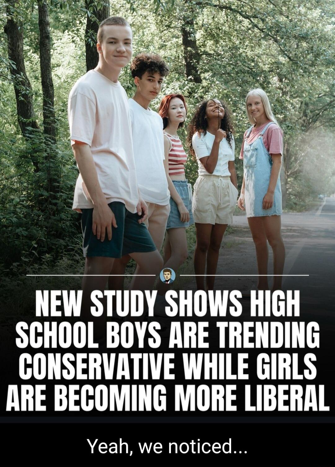 NEW STUDY SHOWS HIGH SCHOOL BOYS ARE TRENDING GONSERVATIVE WHILE GIRLS ARE BECOMING MORE LIBERAL Yeah we noticed