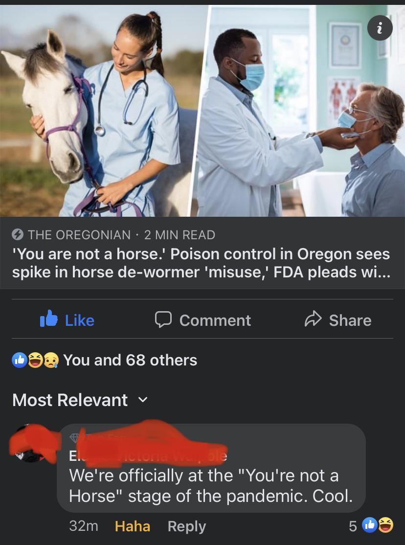 o 5 5 R zINeILele NVANEIA VI NN Nb B CIVIET N o W o To Wl aleTEYe g WeloT g 1 fo RIS WO T Te o KYT E spike in horse de wormer misuse FDA pleads wi i Like J comment Share D You and 68 others Most Relevant v w El P Were officially at the Youre not a R TCTRES EleWel i TN oETale Ty co B 32m Hal Reply 5 D