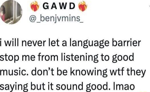 GAWD _benjvmins_ will never let a language barrier stop me from listening to good music dont be knowing wtf they saying but it sound good Imao