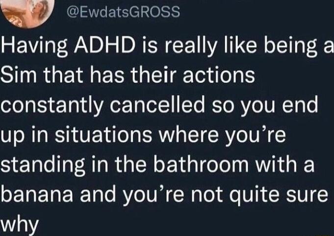 EwdatsGROSS Having ADHD is really like being a ST RGETR EERGE T e S constantly cancelled so you end up in situations where youre standing in the bathroom with a WENETERETlo BTV N o o V RIV why