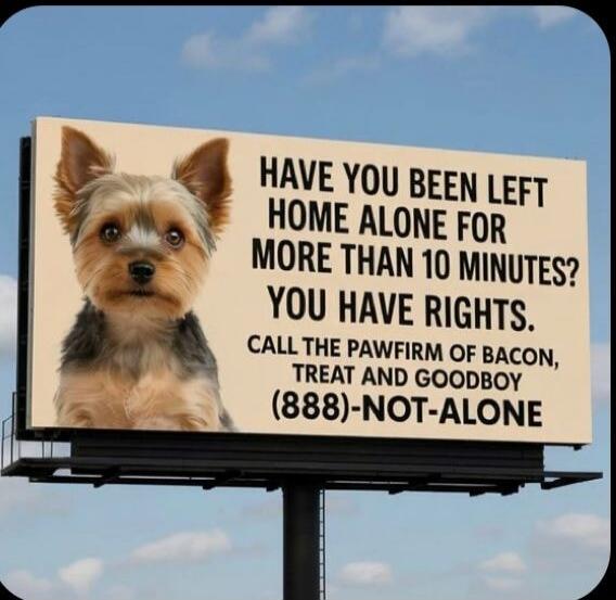 HAVE YOU BEEN LEFT HOME ALONE FOR MORE THAN 10 MINUTES? YOU HAVE RIGHTS. CALL THE PAWFIRM OF BACON, TREAT AND GOODBOY (888)-NOT-ALONE