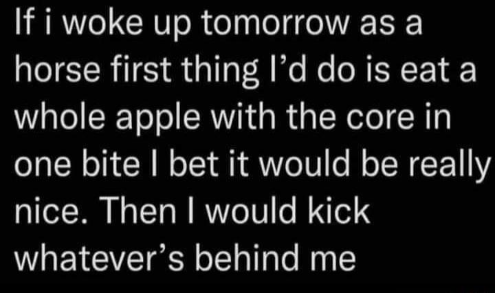 If i woke up tomorrow as a horse first thing Id do is eat a whole apple with the core in one bite bet it would be really nice Then would kick whatevers behind me