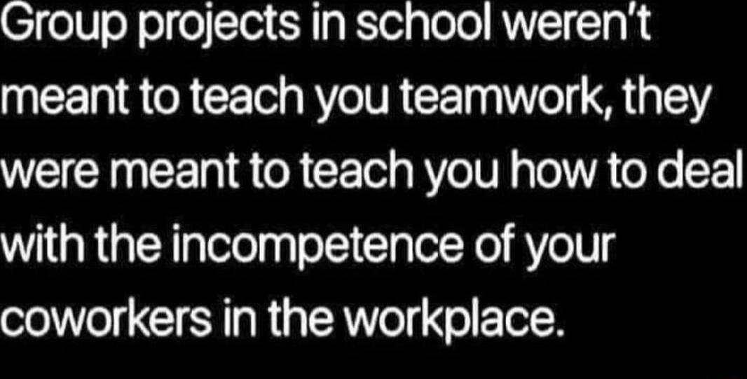 Group projects in school werent meant to teach you teamwork they were meant to teach you how to deal with the incompetence of your coworkers in the workplace