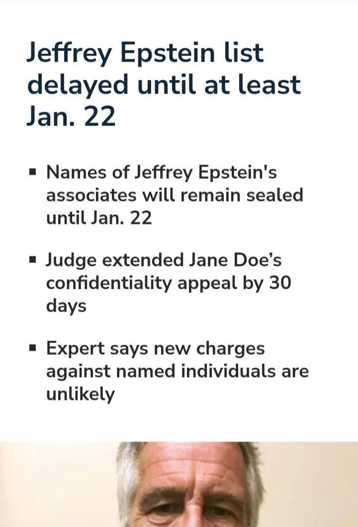 Jeffrey Epstein list delayed until at least Jan 22 Names of Jeffrey Epsteins associates will remain sealed until Jan 22 Judge extended Jane Does confidentiality appeal by 30 days Expert says new charges against named individuals are unlikely