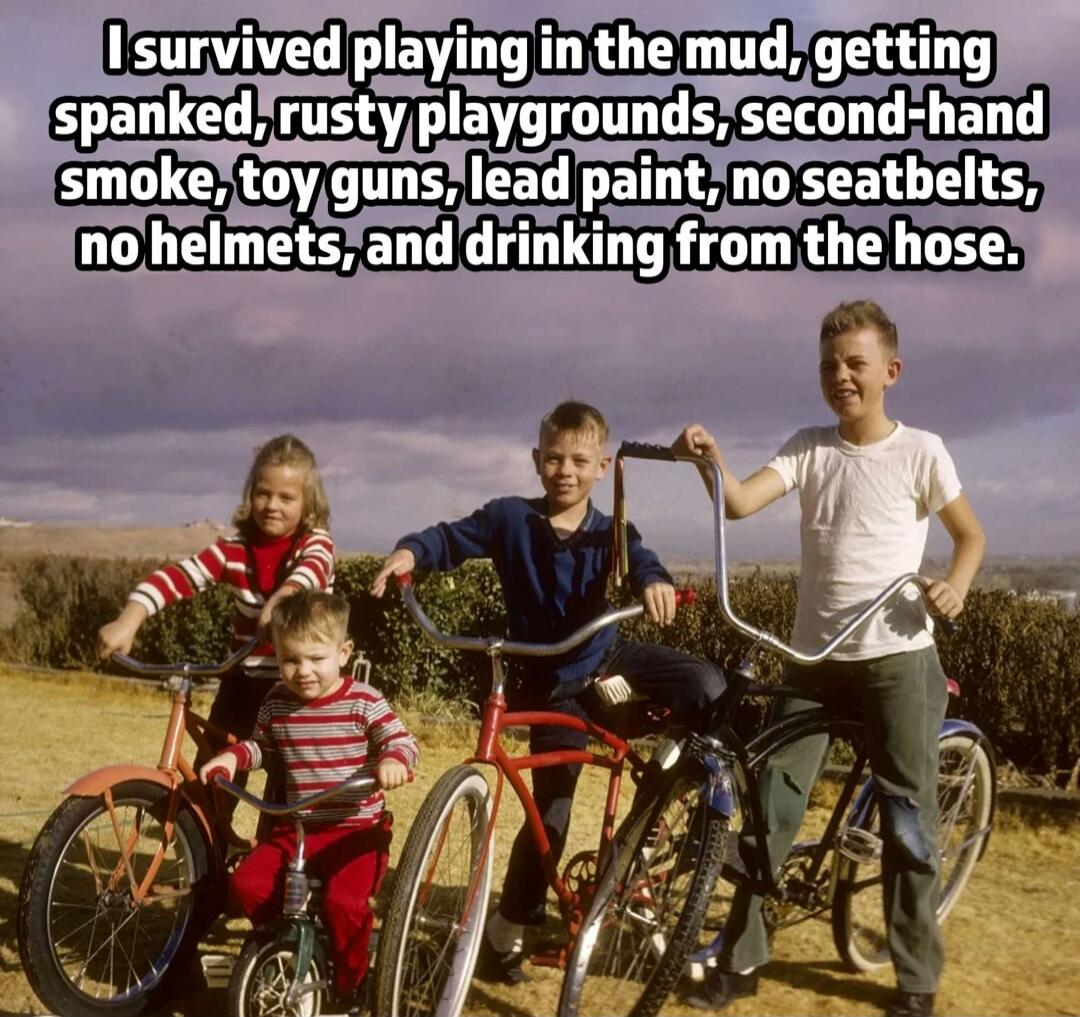 I survived playing in the mud, getting spanked, rusty playgrounds, second-hand smoke, toy guns, lead paint, no seatbelts, no helmets, and drinking from the hose.