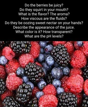 Do the berries be juicy PR G VI QLRI IV What is the flavor The aroma How viscous are the fluids Do they be oozing sweet nectar on your hands Describe the appearance of the juice What color is it How transparent What are the pH levels C ERRAYTYES R phad A