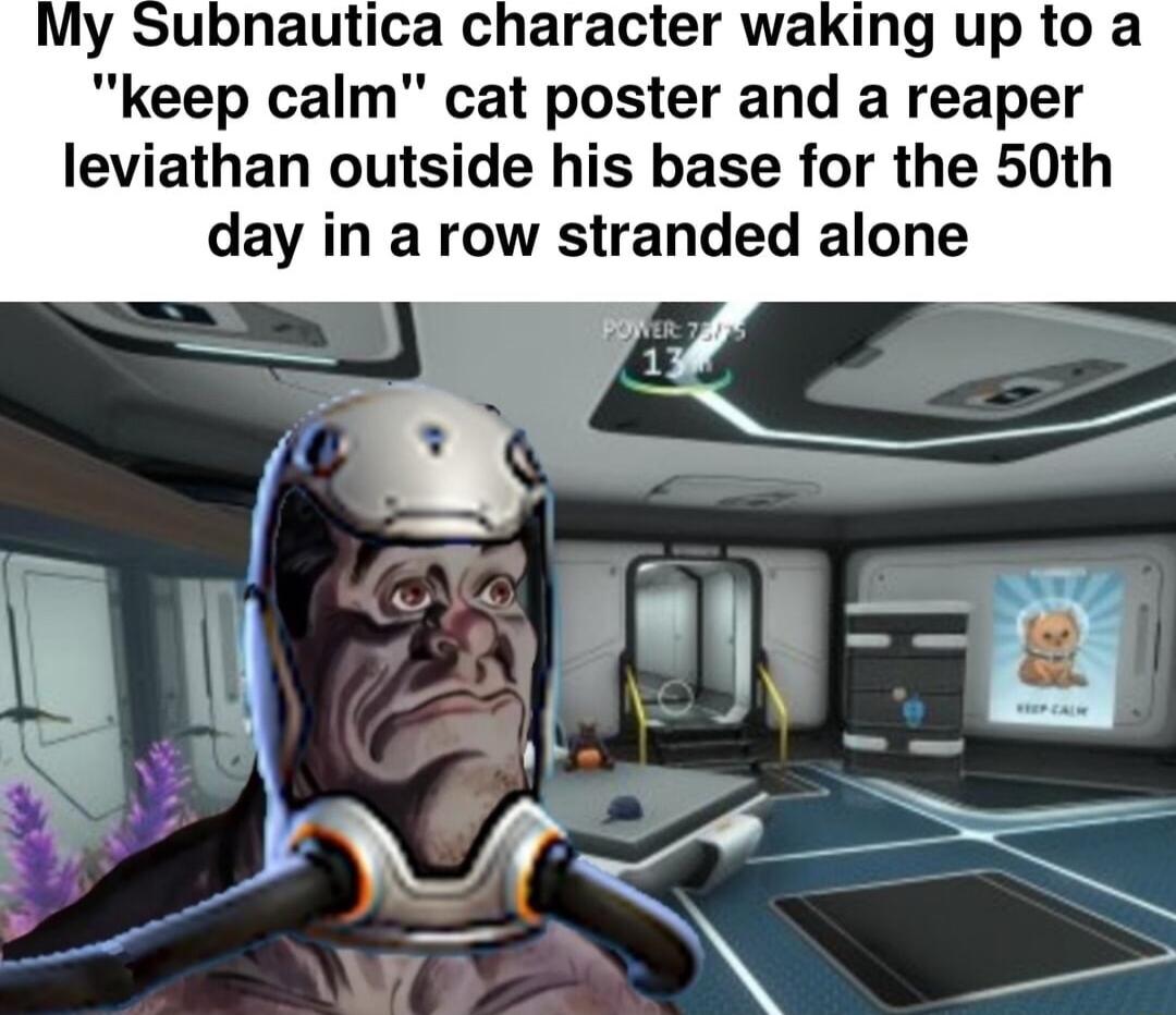 My Subnautica character waking up to a keep calm cat poster and a reaper leviathan outside his base for the 50th day in a row stranded alone
