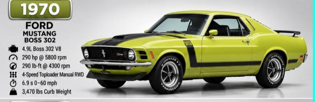 1970 FORD MUSTANG BOSS 302 4.9L Boss 302 V8 290 hp @ 5800 rpm 290 lb-ft @ 4300 rpm 4-Speed Toploader Manual RWD 6.9 s 0-60 mph 3,470 lbs Curb Weight