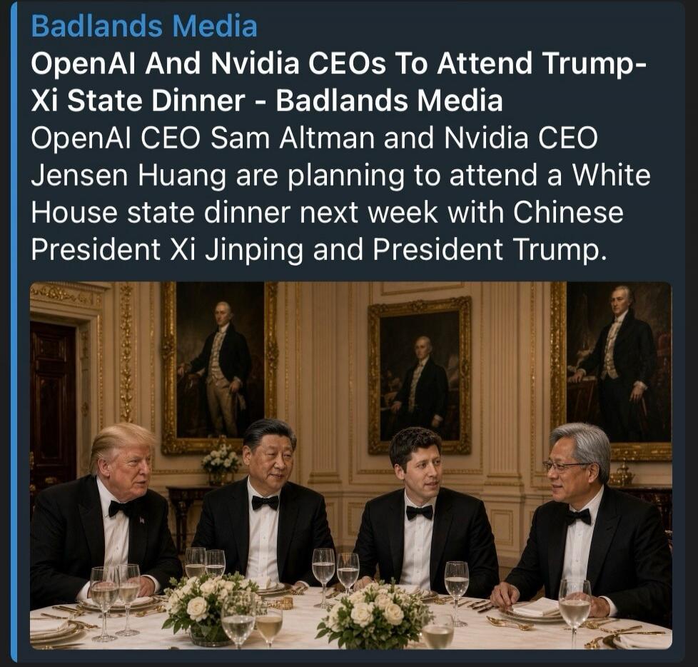 Badlands Media OpenAI And Nvidia CEOs To Attend Trump-Xi State Dinner - Badlands Media OpenAI CEO Sam Altman and Nvidia CEO Jensen Huang are planning to attend a White House state dinner next week with Chinese President Xi Jinping and President Trump.