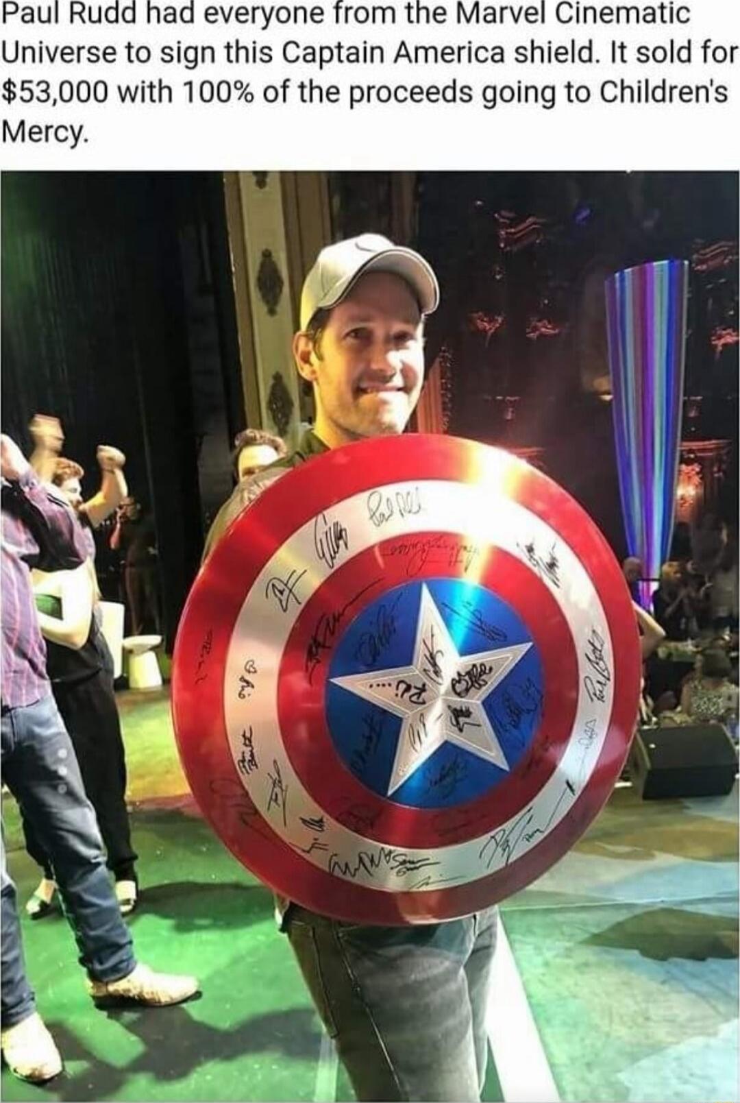 ad everyone from the Marvel Cinematic Universe to sign this Captain America shield It sold for 53000 with 100 of the proceeds going to Childrens Mercy