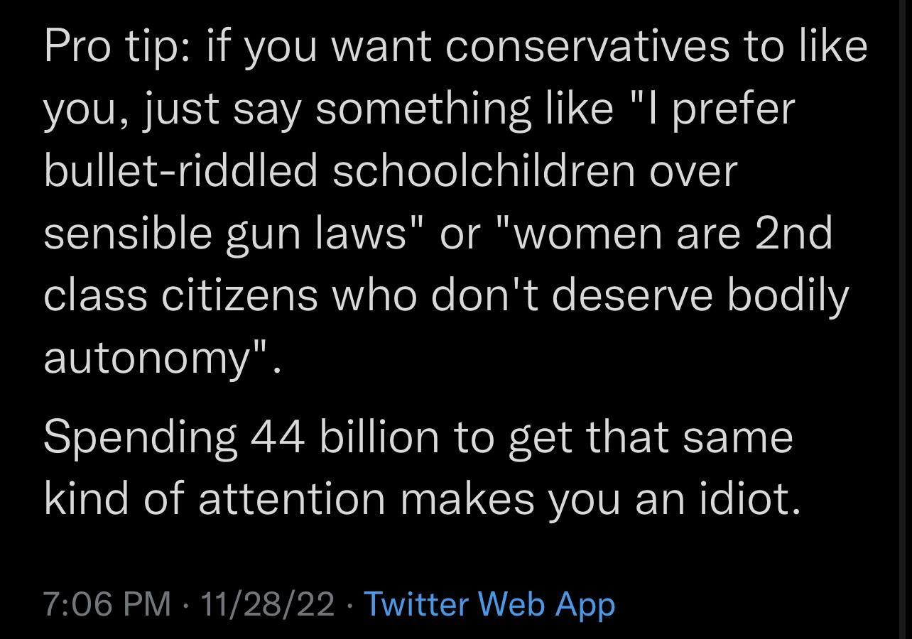 Pro tip if you want conservatives to like you just say something like l prefer bullet riddled schoolchildren over sensible gun laws or women are 2nd EEEN I P4T ER o R eTa R e SITaVoR o ToTe 1 TV elale0AN Spending 44 billion to get that same kind of attention makes you an idiot 706 PM 112822 Twitter Web App