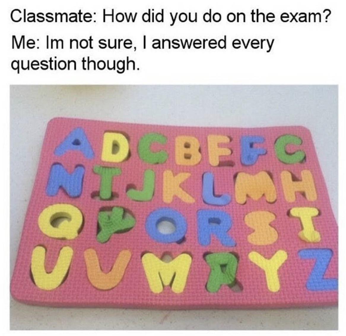 Classmate How did you do on the exam Me Im not sure answered every question though