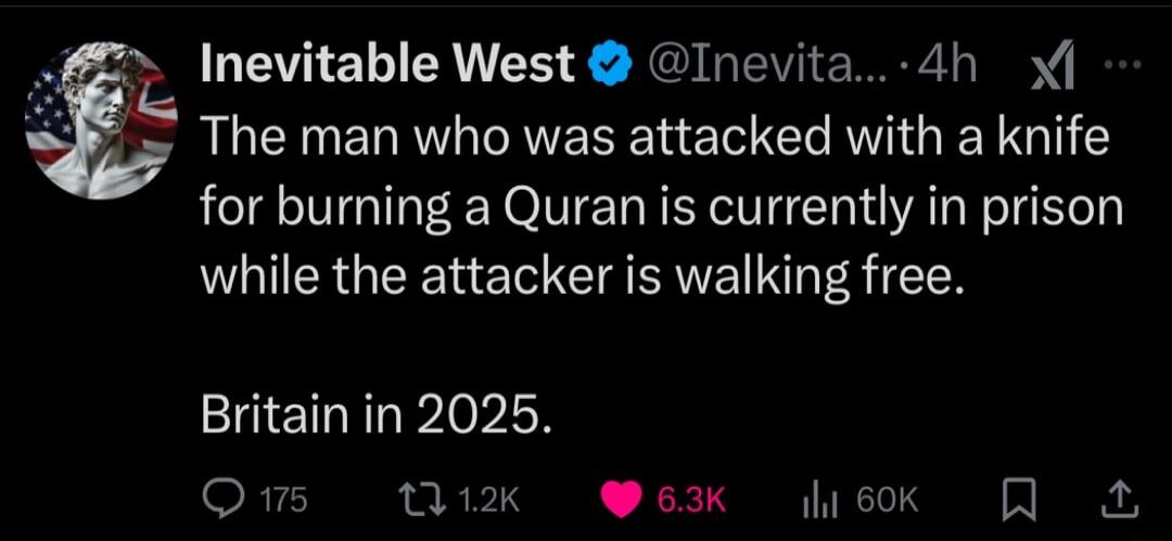 ol L T EREE S G R R The man who was attacked with a knife for burning a Quran is currently in prison while the attacker is walking free Britain in 2025 Oms ik e3k ek A