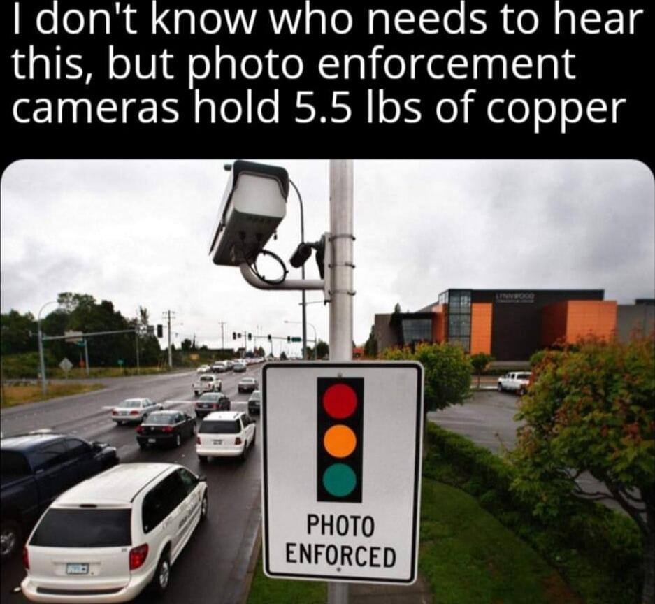 dont Know who needs to hear this but photo enforcement cameras hold 55 Ibs of copper PHOTO ENFORCED