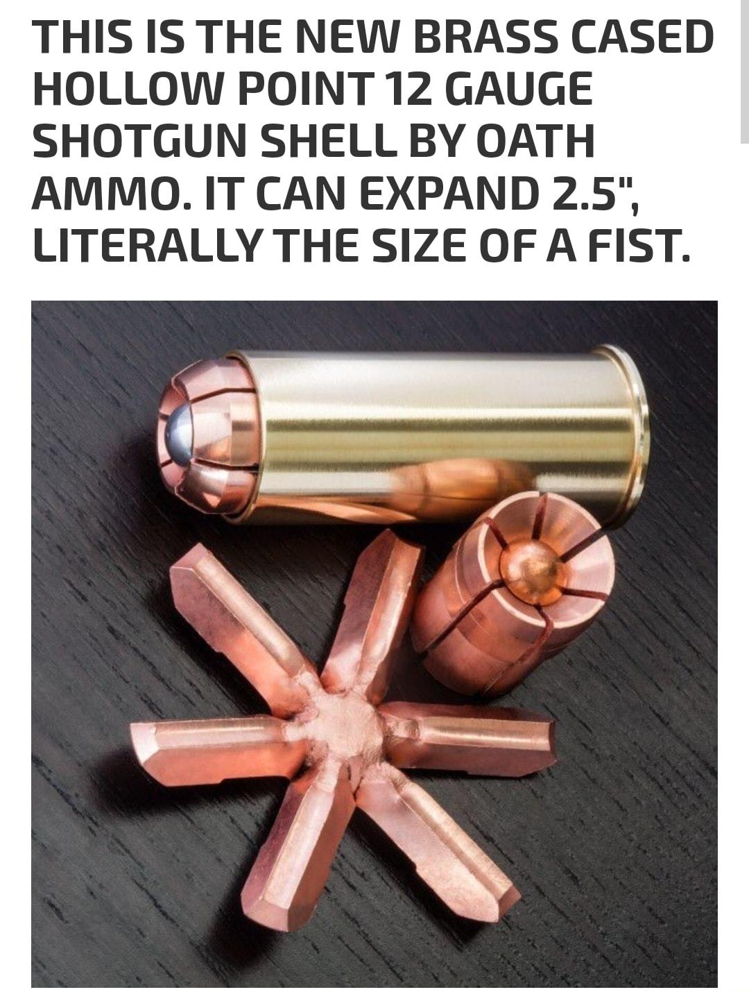 THIS IS THE NEW BRASS CASED HOLLOW POINT 12 GAUGE SHOTGUN SHELL BY OATH AMMO IT CAN EXPAND 25 LITERALLY THE SIZE OF A FIST