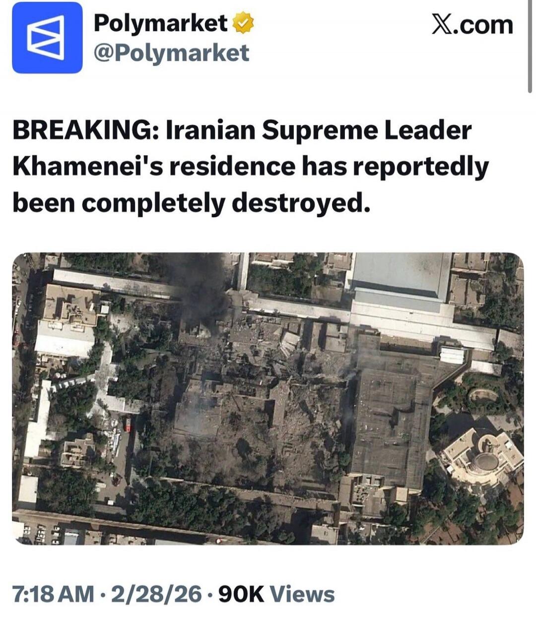 BREAKING: Iranian Supreme Leader Khamenei's residence has reportedly been completely destroyed.