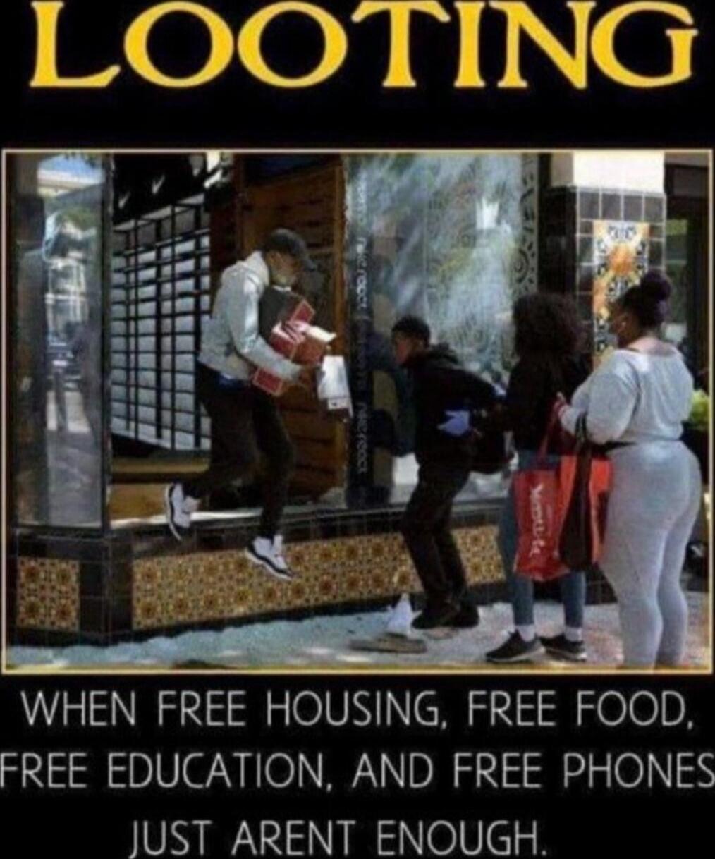 LOOTING

When free housing, free food, free education, and free phones just arent enough.