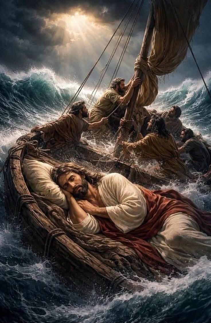 Jesus sleeping in a boat during a storm with his disciples trying to keep it afloat.