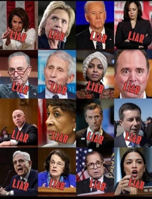 LIAR (stamped over multiple faces) across the collage