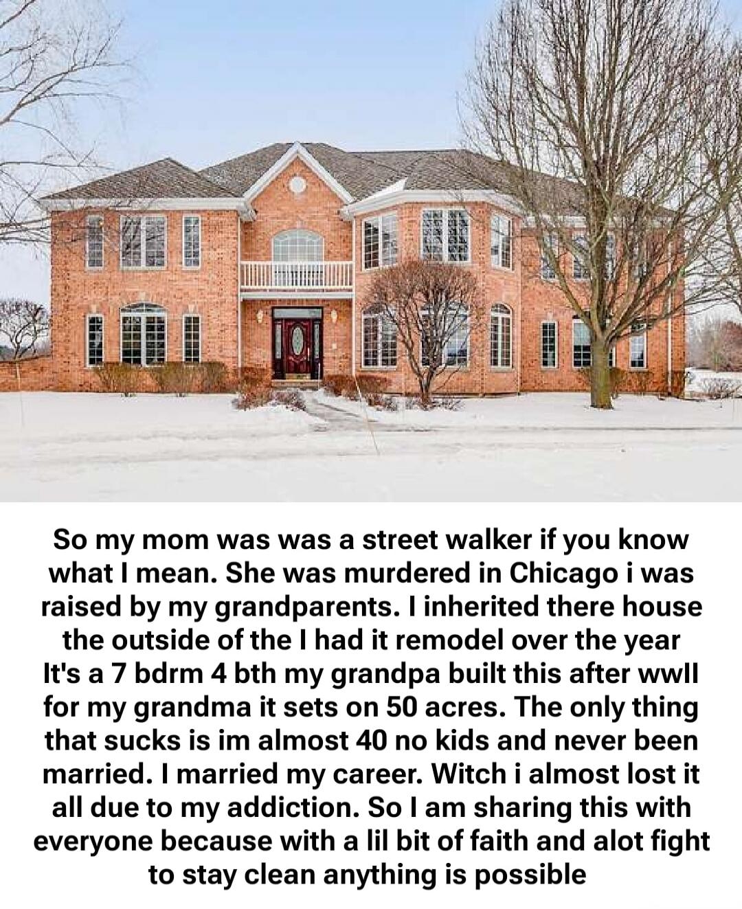 So my mom was a street walker if you know what I mean. She was murdered in Chicago I was raised by my grandparents. I inherited there house the outside of the I had it remodel over the year It's a 7 bdrm 4 bath my grandpa built this after wwII for my grandma it sets on 50 acres. The only thing that sucks is I am almost 40 no kids and never been mar