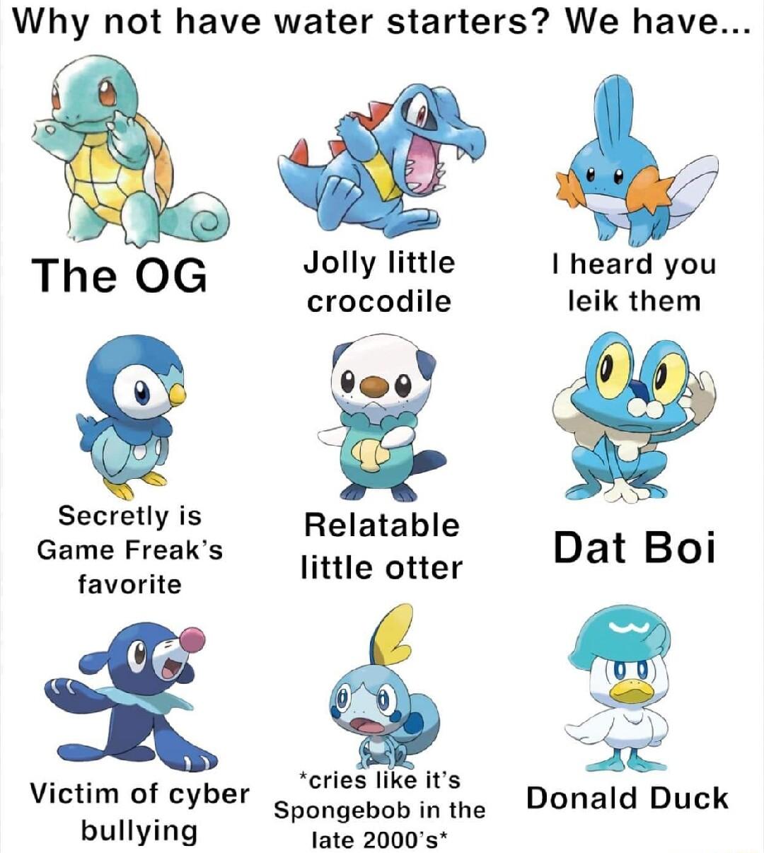 Why not have water starters We have Jolly little heard you crocodile leik them Secretly is Relatable i Game Freaks b Dat Boi favorite little otter cries like its Vietim of eyber enoninme Donald Duck bullying late 2000s