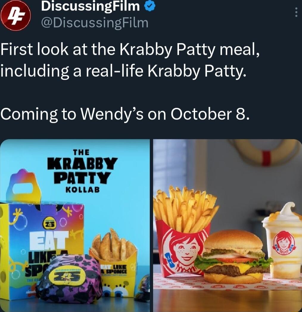 DiscussingFilm 4 DiscussingFilm First look at the Krabby Patty meal including a real life Krabby Patty ofe T 1Y RRVToTe VRN T N O3 o 1T