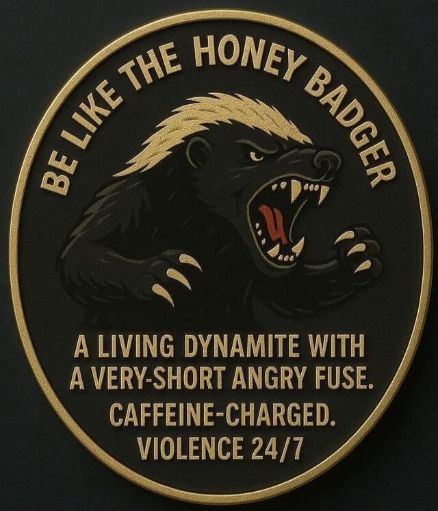 BE LIKE THE HONEY BADGER A LIVING DYNAMITE WITH A VERY-SHORT ANGRY FUSE. CAFFEINE-CHARGED. VIOLENCE 24/7