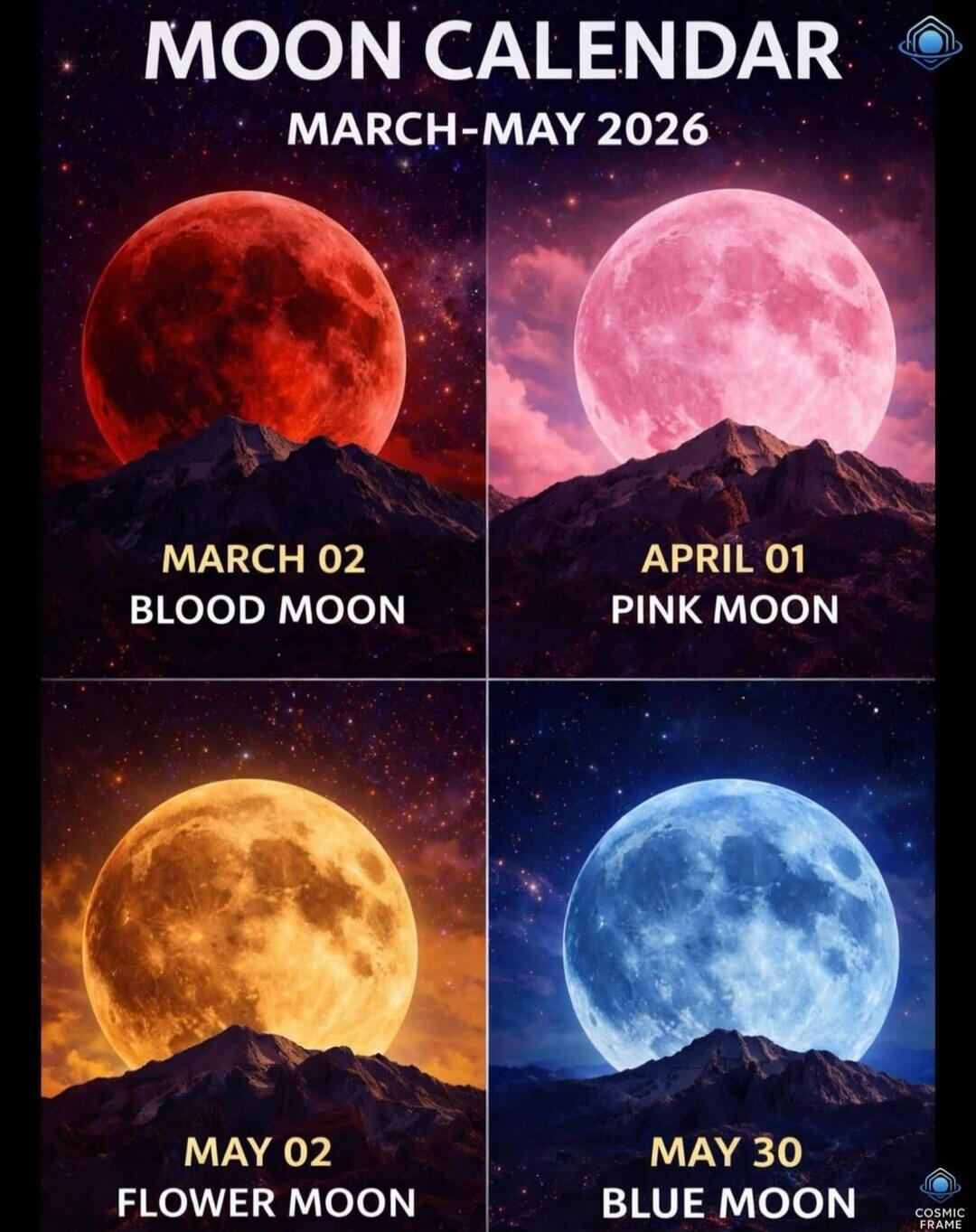 MOON CALENDAR MARCH-MAY 2026 MARCH 02 BLOOD MOON APRIL 01 PINK MOON MAY 02 FLOWER MOON MAY 30 BLUE MOON